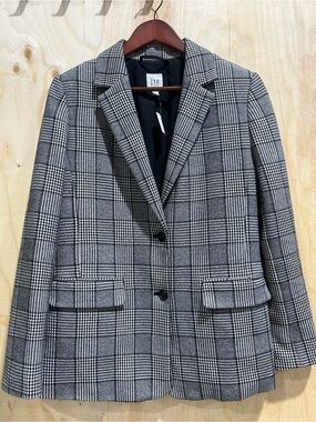 GAP Black and White Glen Plaid Single-Breasted Blazer